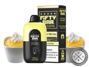 Fifty Bar 20K Black Series Vanilla Custard disposable vape and box with cups of vanilla custard with whipped cream