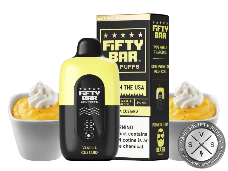 Fifty Bar 20K Black Series Vanilla Custard disposable vape and box with cups of vanilla custard with whipped cream