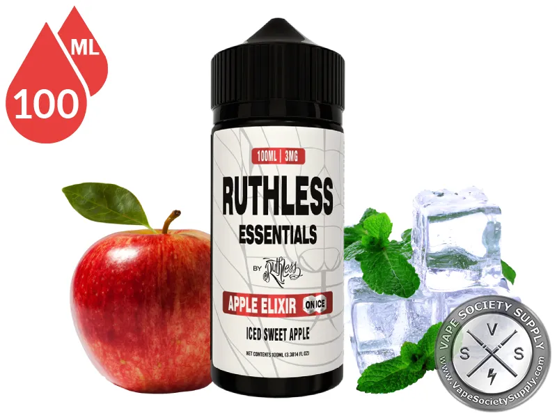 Apple Elixir On Ice Ruthless Essentials 100ml bottle with a red apple, mint leaves and ice