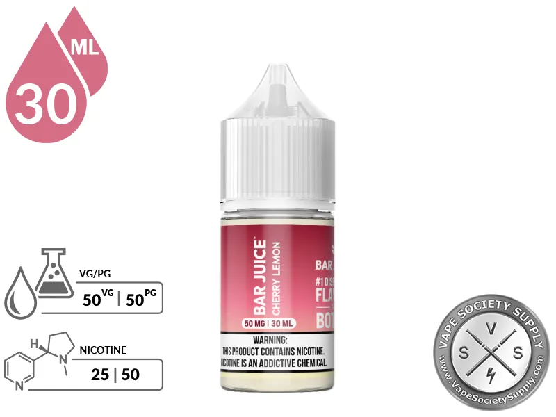 Cherry Lemon by Bar Juice Salt 30ml bottle with a 50/50 VG/PG icon and nicotine strength icons