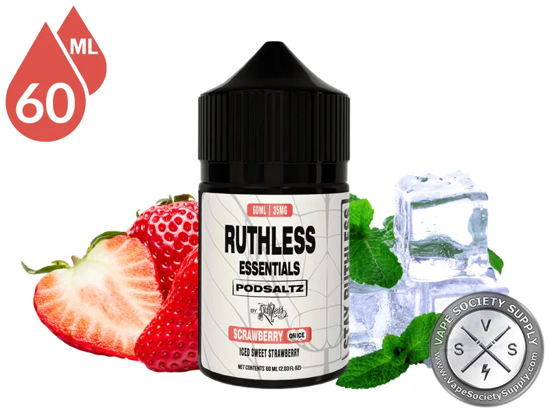 Scrawberry On Ice Ruthless Essentials Pod Salt 60ml bottle with strawberries, mint leaves and ice