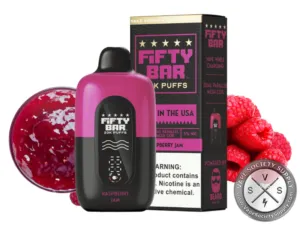 Fifty Bar 20K Black Series Raspberry Jam disposable vape and box with raspberry jam and raspberries