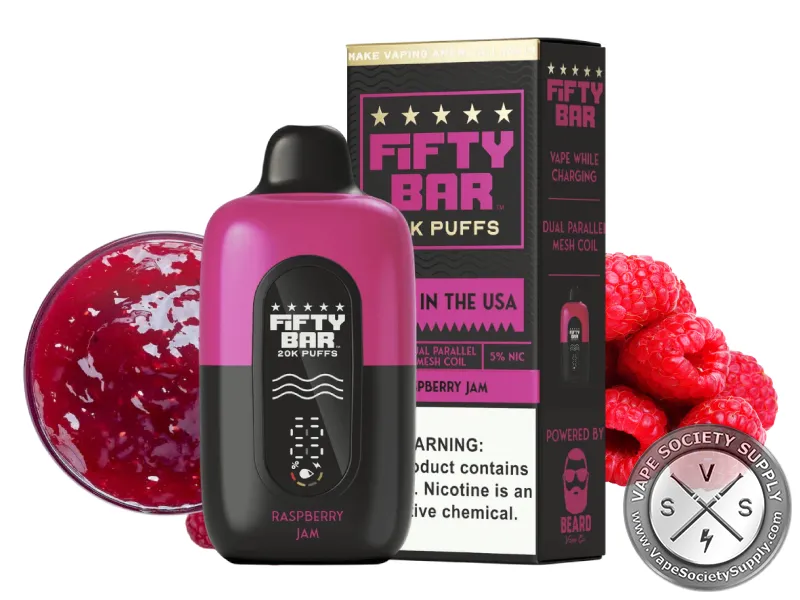 Fifty Bar 20K Black Series Raspberry Jam disposable vape and box with raspberry jam and raspberries