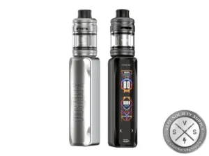 SMOK X-Priv Solo kit in Silver Lines with a TF-D tank, back and front