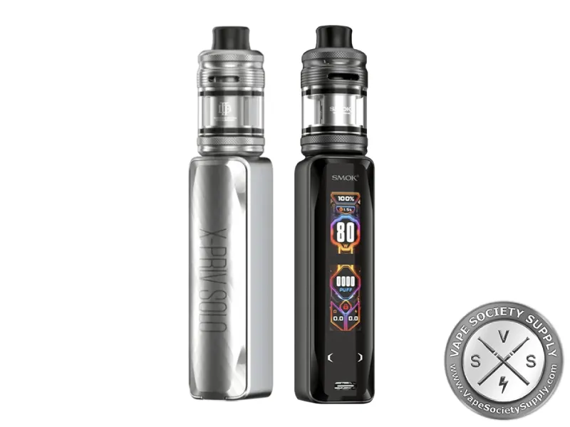 SMOK X-Priv Solo kit in Silver Lines with a TF-D tank, back and front
