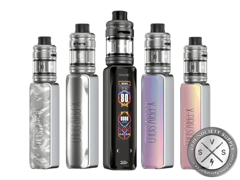 Five SMOK X-Priv Solo kits with TF-D tanks: white shell, silver lines, a front view with the screen, purple and pink