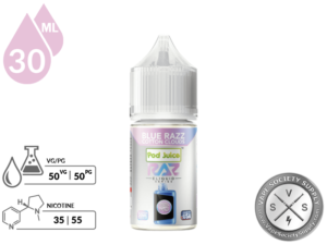 Blue Razz Cotton Clouds Pod Juice x RAZ Salt 30ml bottle with a 50/50 VG/PG icon and nicotine strength icons