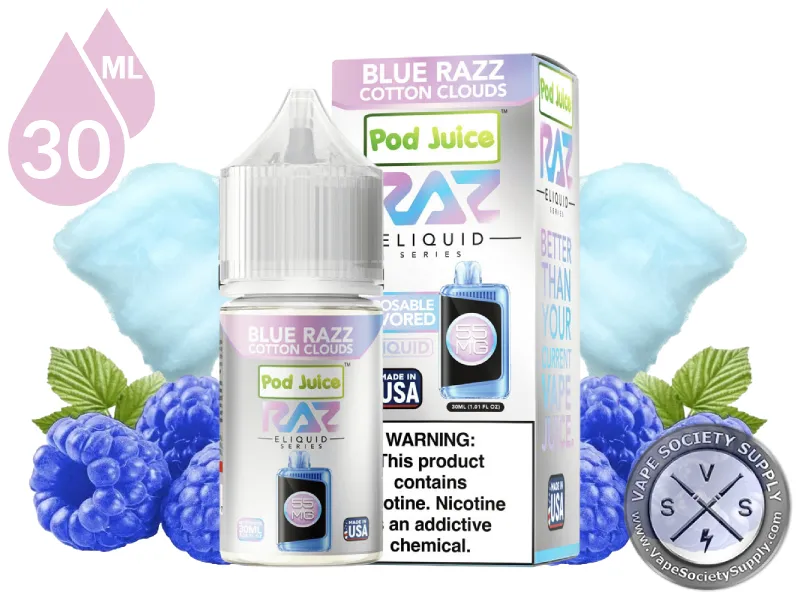 Blue Razz Cotton Clouds Pod Juice x RAZ Salt 30ml bottle and box with blue cotton candy and blue raspberries