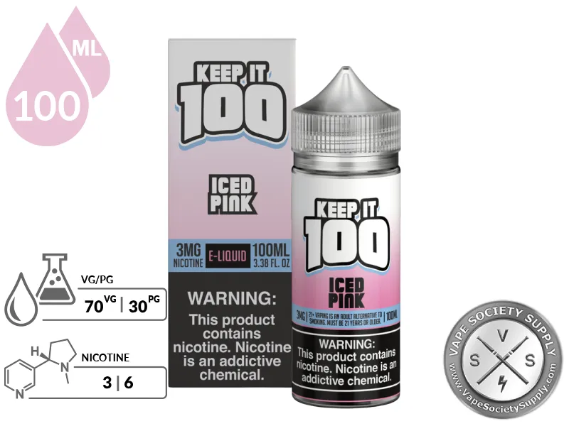 Iced Pink by Keep It 100 Vape Juice 100ml bottle and box with a 70/30 VG/PG icon and nicotine strength icons