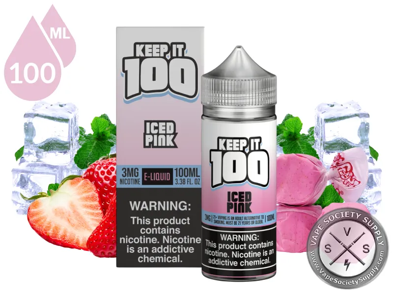 Iced Pink by Keep It 100 Vape Juice 100ml bottle and box with strawberries, pink taffy, mint leaves and ice cubes