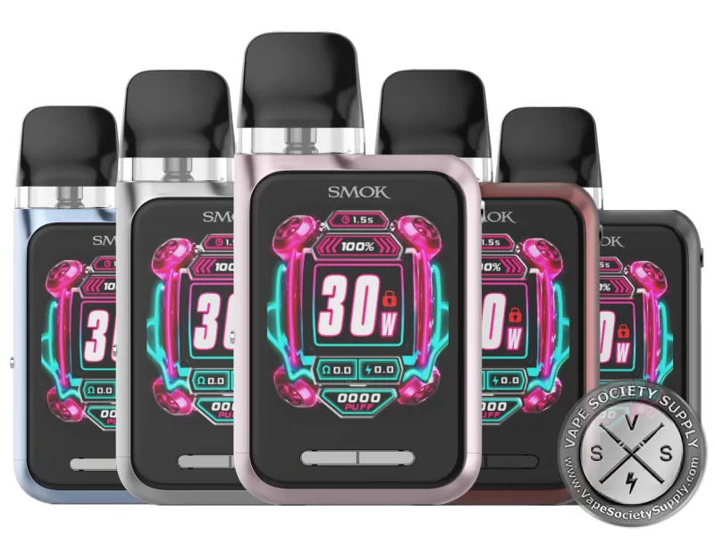 Five SMOK Novo GT Box pod systems with light blue, silver, pink, red and gunmetal frames, each screen showing 30W