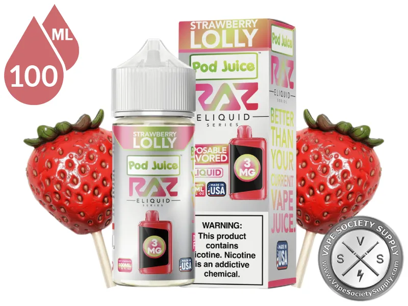 Strawberry Lolly Pod Juice x RAZ 100ml bottle and box with strawberry lollipops