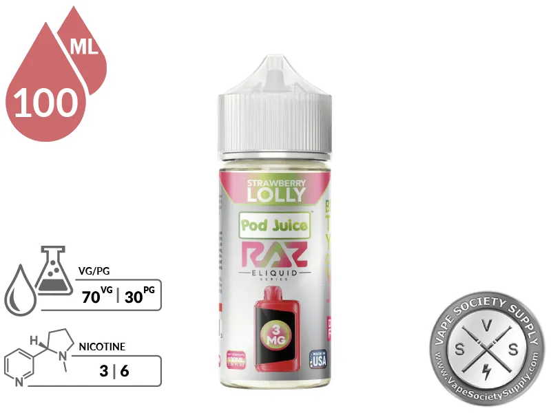 Strawberry Lolly Pod Juice x RAZ 100ml bottle with a 70/30 VG/PG icon and nicotine strength icons