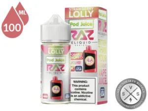 Strawberry Lolly Pod Juice x RAZ 100ml bottle and box