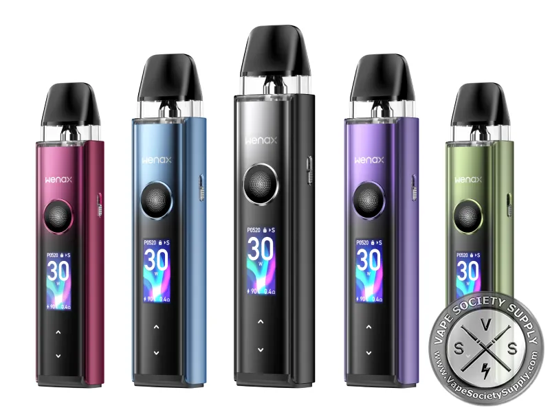 Geekvape Wenax Q Pro kits in Twilight Red, Azure Blue, Black, Luminous Purple and Aurora Green