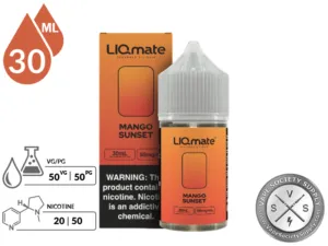 Mango Sunset LIQmate Salts by 7 Daze 30ml bottle and box with a 50/50 VG/PG icon and nicotine strength icons