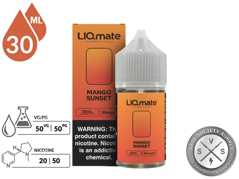 Mango Sunset LIQmate Salts by 7 Daze 30ml bottle and box with a 50/50 VG/PG icon and nicotine strength icons
