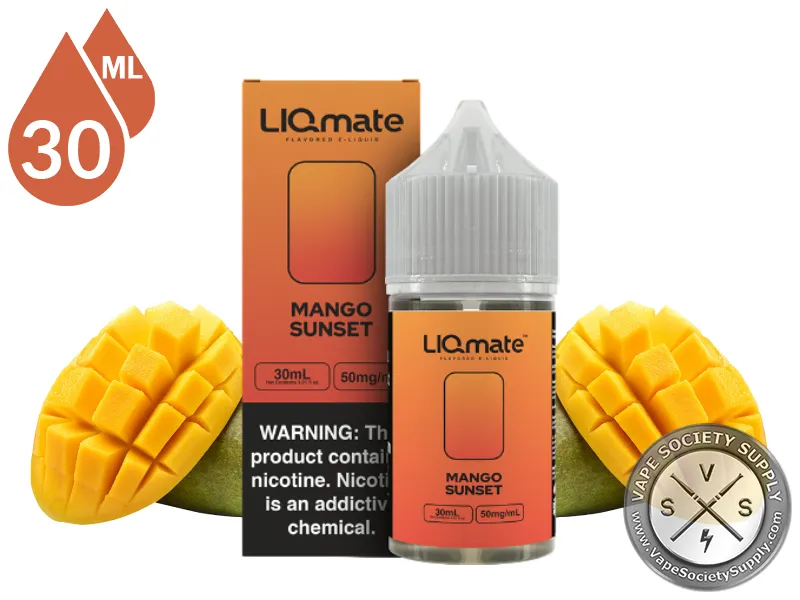 Mango Sunset LIQmate Salts by 7 Daze 30ml bottle and box with cubed mangoes