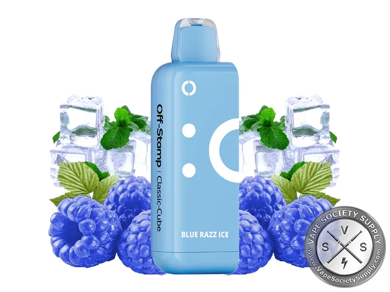 Off-Stamp X-Cube Classic Cube Blue Razz Ice pod with blue raspberries, ice cubes and mint leaves
