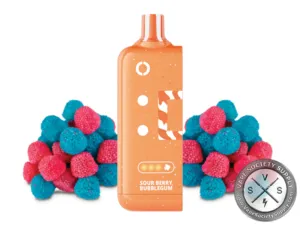 Off-Stamp X-Cube Sweet Cube Sour Berry Kick pod with red and blue sour gummy candies