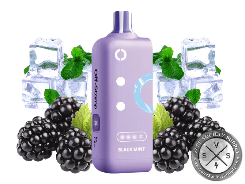 Off-Stamp X-Cube Ice Cube Black Mint pod with blackberries, ice cubes and mint leaves