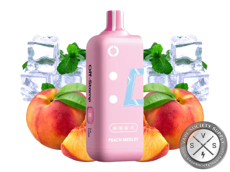 Off-Stamp X-Cube Ice Cube Peach Medley pod with peaches, ice cubes and mint leaves