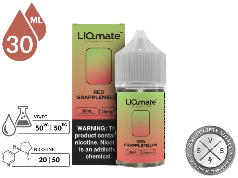 Red Grapplemelon LIQmate Salts by 7 Daze 30ml bottle and box with a 50/50 VG/PG icon and nicotine strength icons