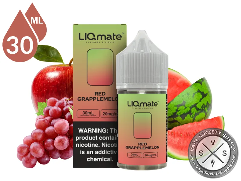 Red Grapplemelon LIQmate Salts by 7 Daze 30ml bottle and box with a red apple, red grapes and watermelon slices