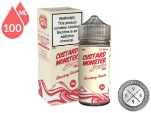 Strawberry Vanilla Swirl Custard Monster 100ml bottle in front of its box