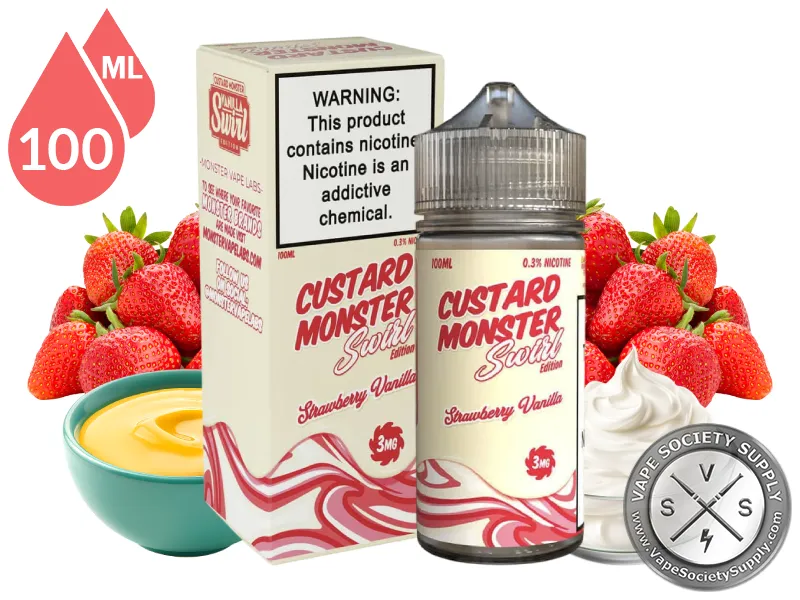 Strawberry Vanilla Swirl Custard Monster 100ml bottle and box with strawberries, a bowl of custard and whipped cream