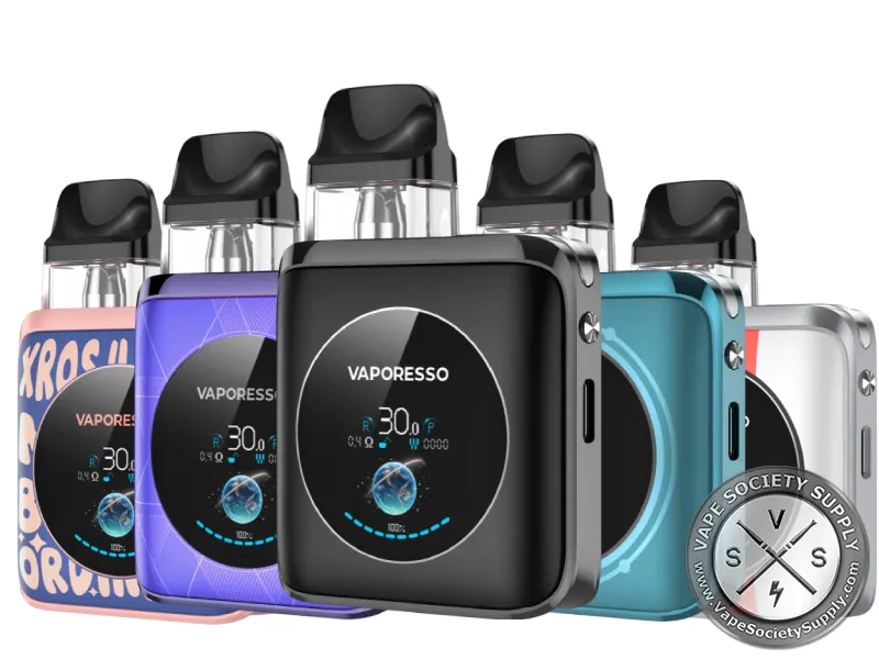 Vaporesso XROS 4 Nano Pod System in five finishes, the front one showing its round color screen