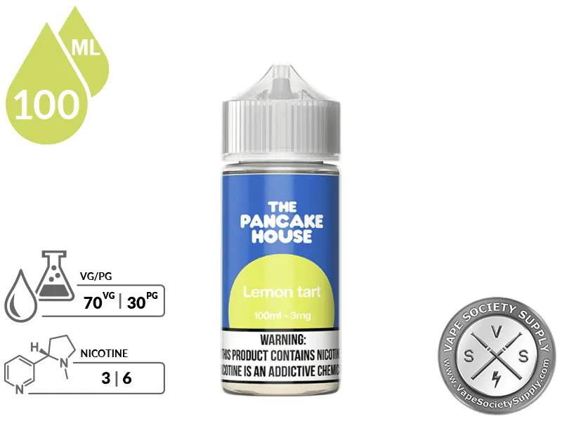 Lemon Tart by The Pancake House 100ml bottle with a 70/30 VG/PG icon and nicotine strength icons
