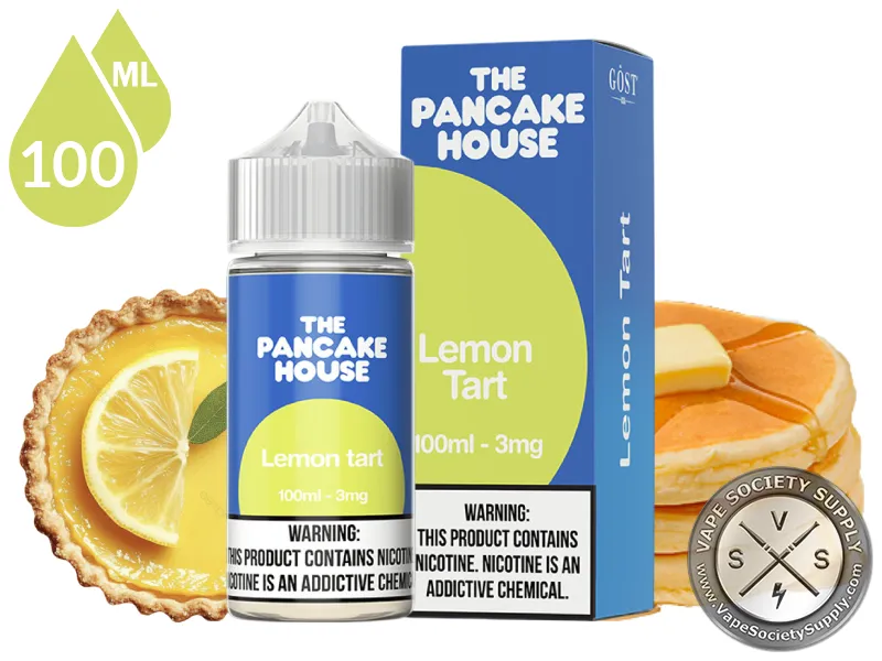 Lemon Tart by The Pancake House 100ml bottle and box with a lemon tart and a stack of pancakes