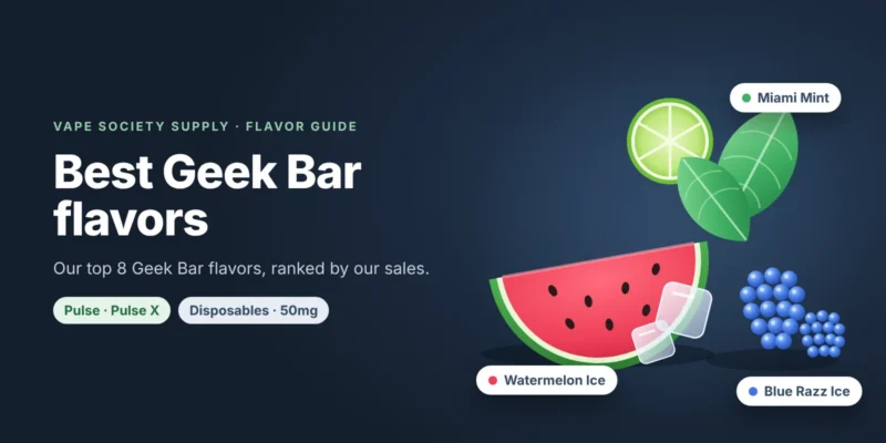 Geek Bar flavor graphic: mint leaves, a watermelon slice and blue raspberries