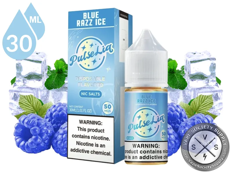Blue Razz Ice by Pulse Liq Salts 30ml bottle and box with blue raspberries, mint leaves and ice cubes
