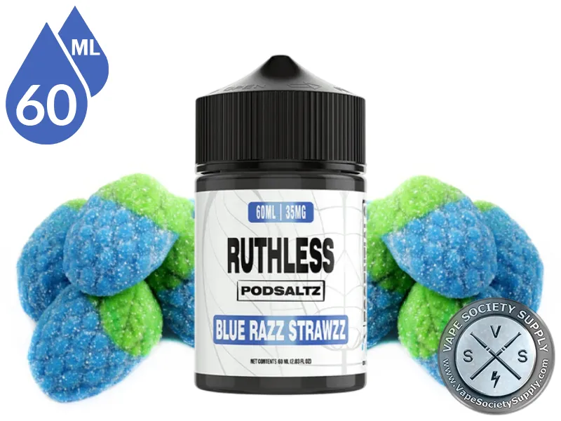 Blue Razz Strawzz Ruthless Essentials Pod Salt 60ml bottle with blue raspberry gummy candies