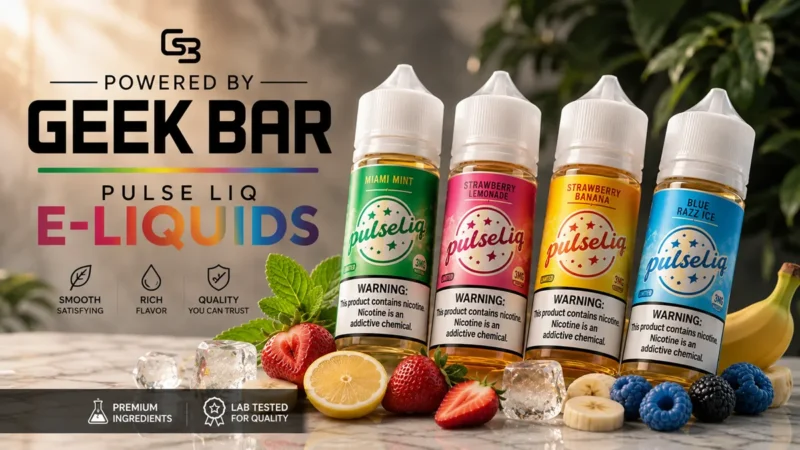 Geek Bar Pulse Liq E-Liquids featuring Miami Mint, Strawberry Lemonade, Strawberry Banana, and Blue Razz Ice