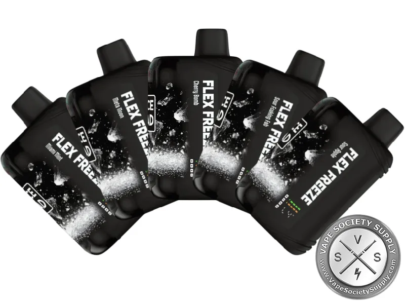 Black Juice Head Flex Freeze 50K disposable vapes with a frost design, fanned out