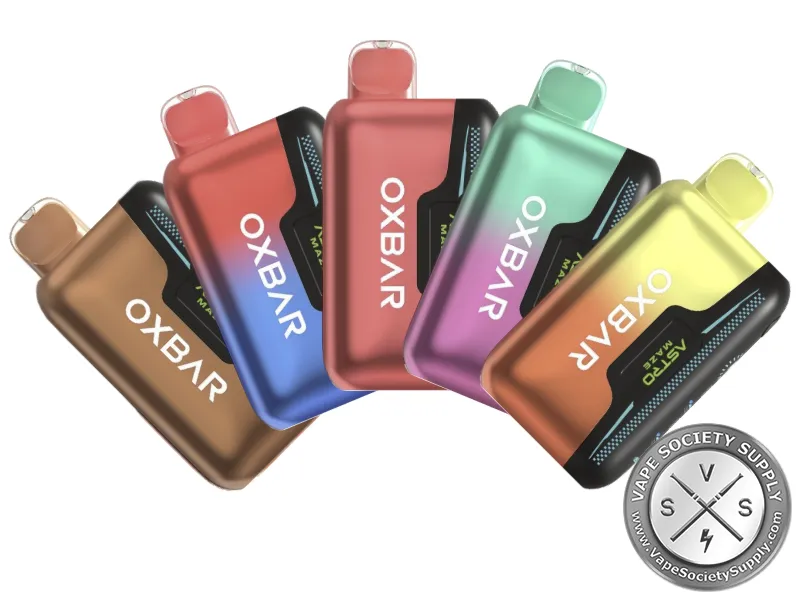 Five OXBAR Astro Maze 50K disposable vapes in brown, blue, red, mint and yellow