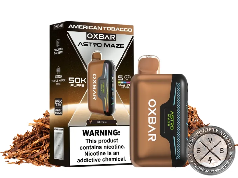 OXBAR Astro Maze 50K American Tobacco disposable vape and box with tobacco leaves and cut tobacco