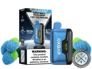 OXBAR Astro Maze 50K Blue Razzle Astro Pop disposable vape and box with blue raspberry candy