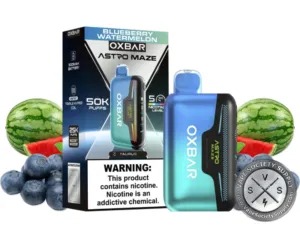 OXBAR Astro Maze 50K Blueberry Watermelon disposable vape and box with watermelons and blueberries