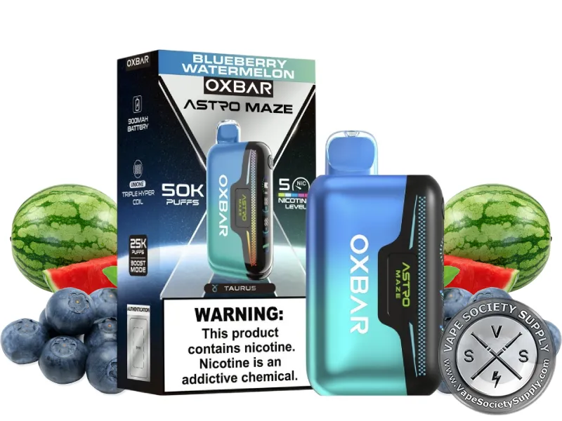 OXBAR Astro Maze 50K Blueberry Watermelon disposable vape and box with watermelons and blueberries