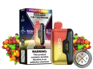 OXBAR Astro Maze 50K Fruity Pebz disposable vape and box with rainbow candies