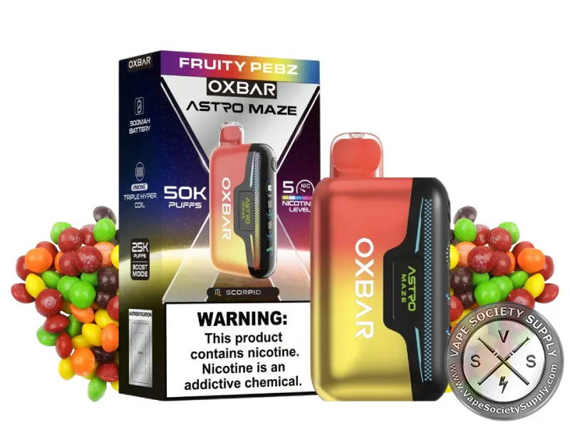 OXBAR Astro Maze 50K Fruity Pebz disposable vape and box with rainbow candies