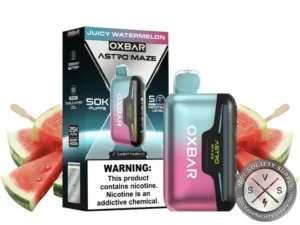 OXBAR Astro Maze 50K Juicy Watermelon disposable vape and box with watermelon slices