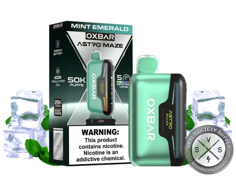 OXBAR Astro Maze 50K Mint Emerald disposable vape and box with ice cubes and mint leaves
