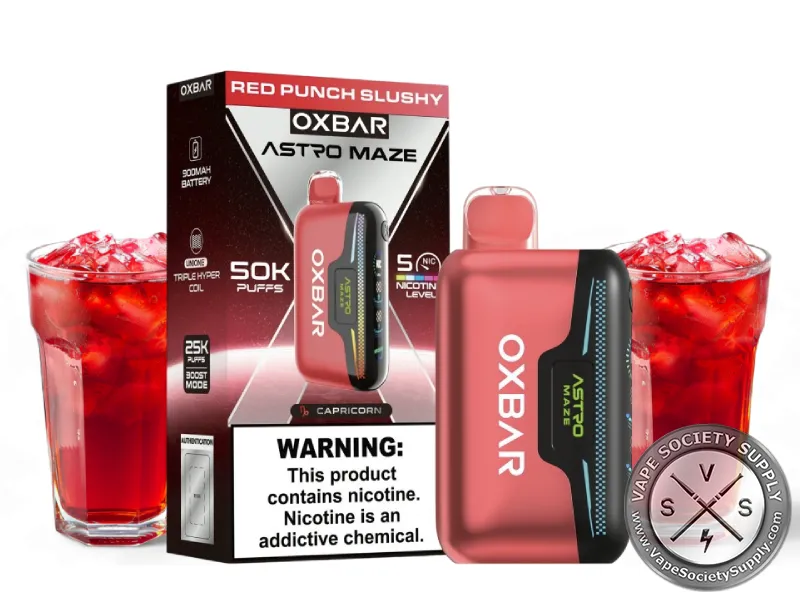 OXBAR Astro Maze 50K Red Punch Slushy disposable vape and box with glasses of red punch slush