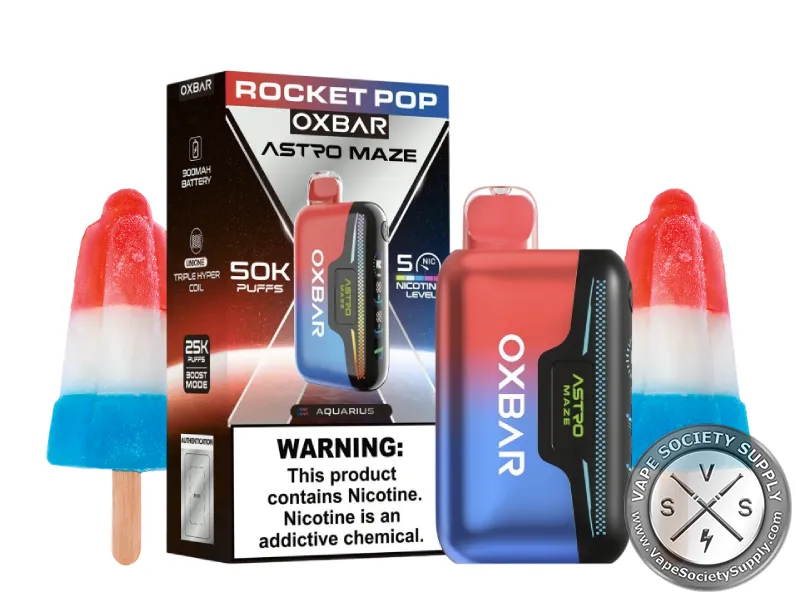 OXBAR Astro Maze 50K Rocket Pop disposable vape and box with red, white and blue ice pops