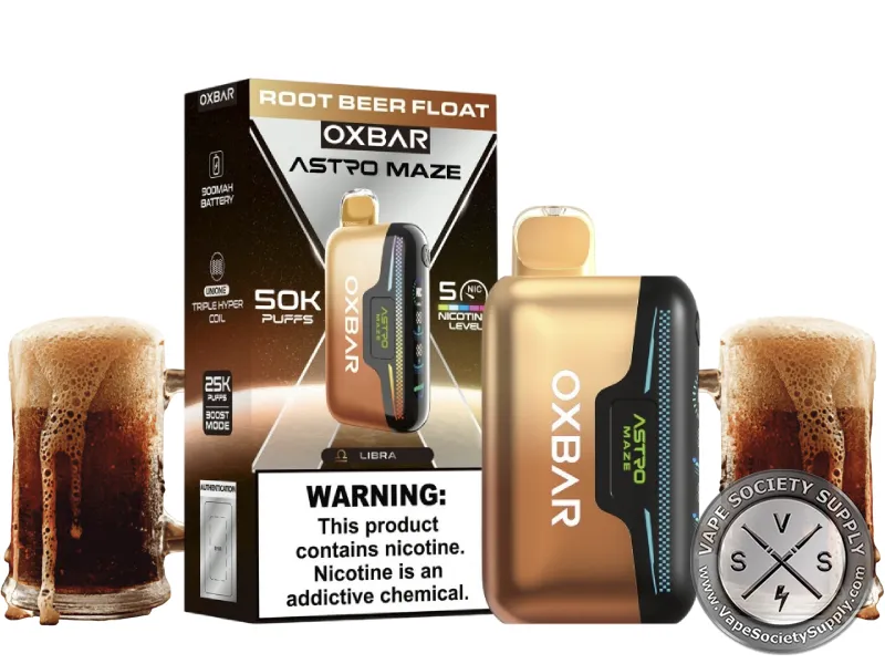 OXBAR Astro Maze 50K Root Beer Float disposable vape and box with mugs of root beer float